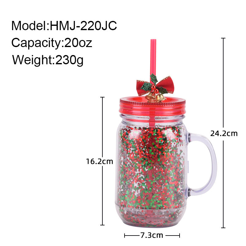 Wholesale  Glitter Plastic Canned Cup with Handle Double Layer Plastic Mason Cup