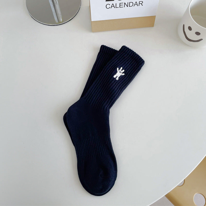 Wholesale Autumn and Winter Striped Embroidered Bunny Trendy Versatile Mid Length Socks