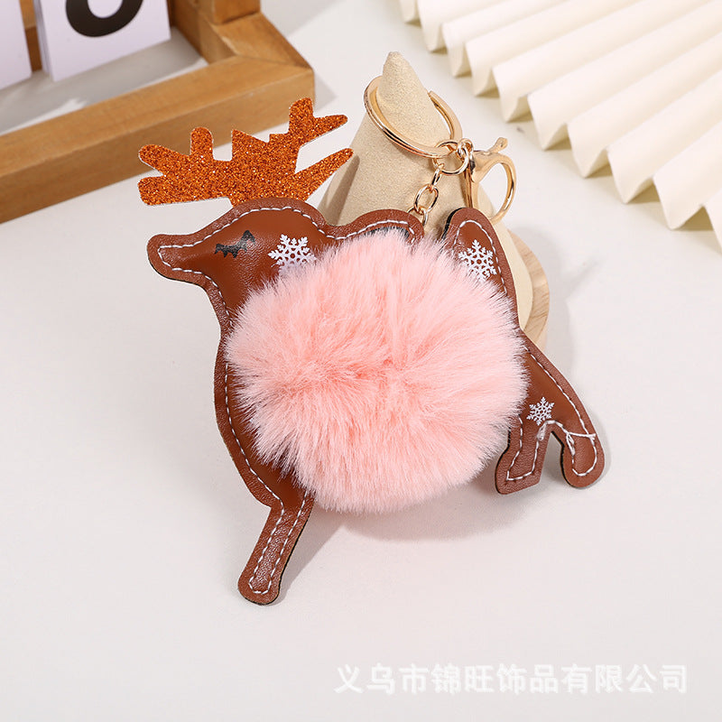 Wholesale Christmas Leather Elk Santa Claus Fur Ball Keychain