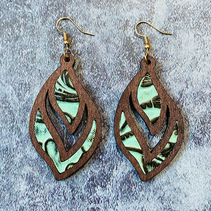Wholesale Retro Genuine Leather Western Cowhide Embossed Inlaid Wood Geometric Hollow Earrings