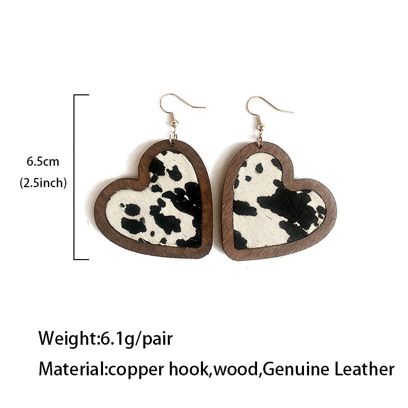 Wholesale Valentine's Day Genuine Leather Heart Leopard Print Horsehair Inlaid with Wooden Classic Retro Earrings