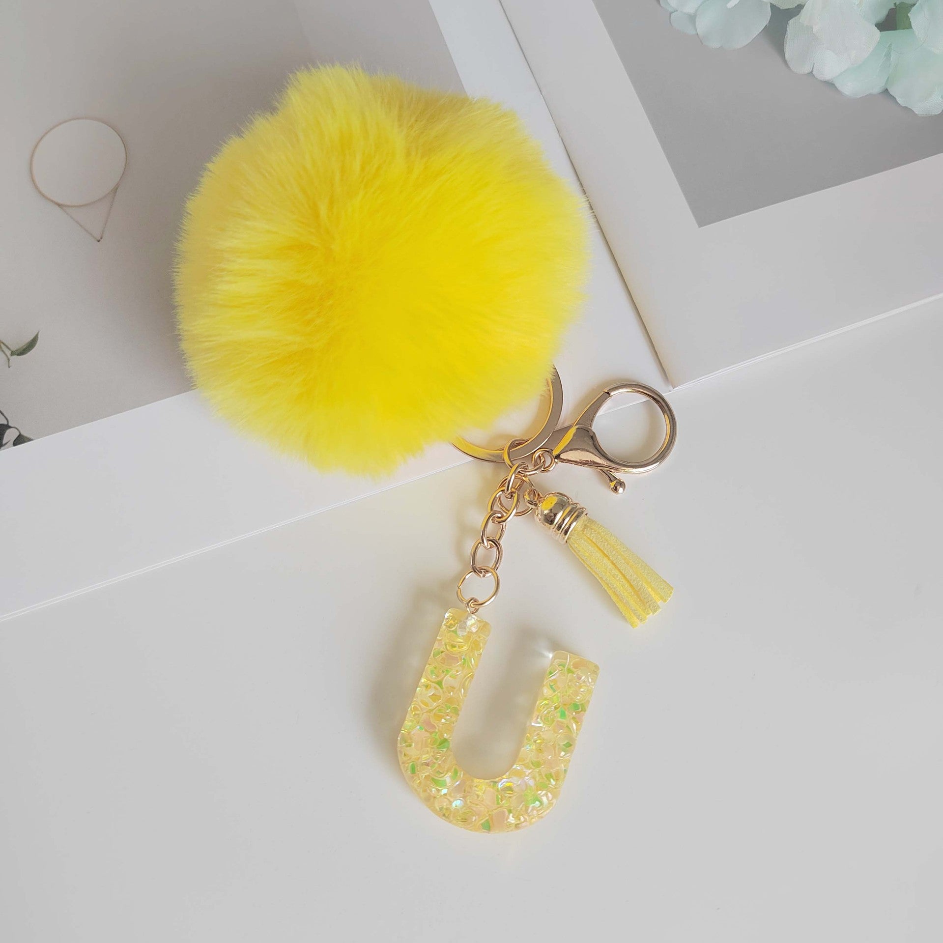 Wholesale Yellow letter ball pendant flower shaped letter keychain