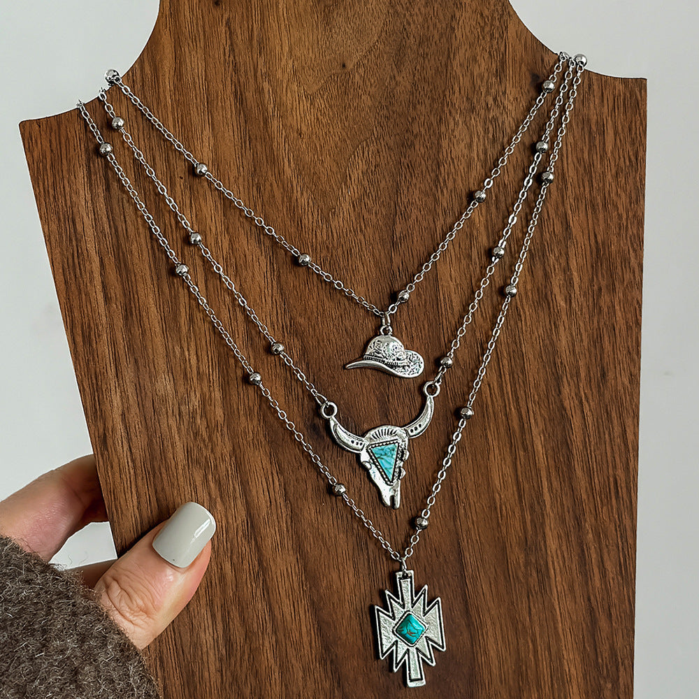 Wholesale Western style denim hat blue turquoise bull head necklace set
