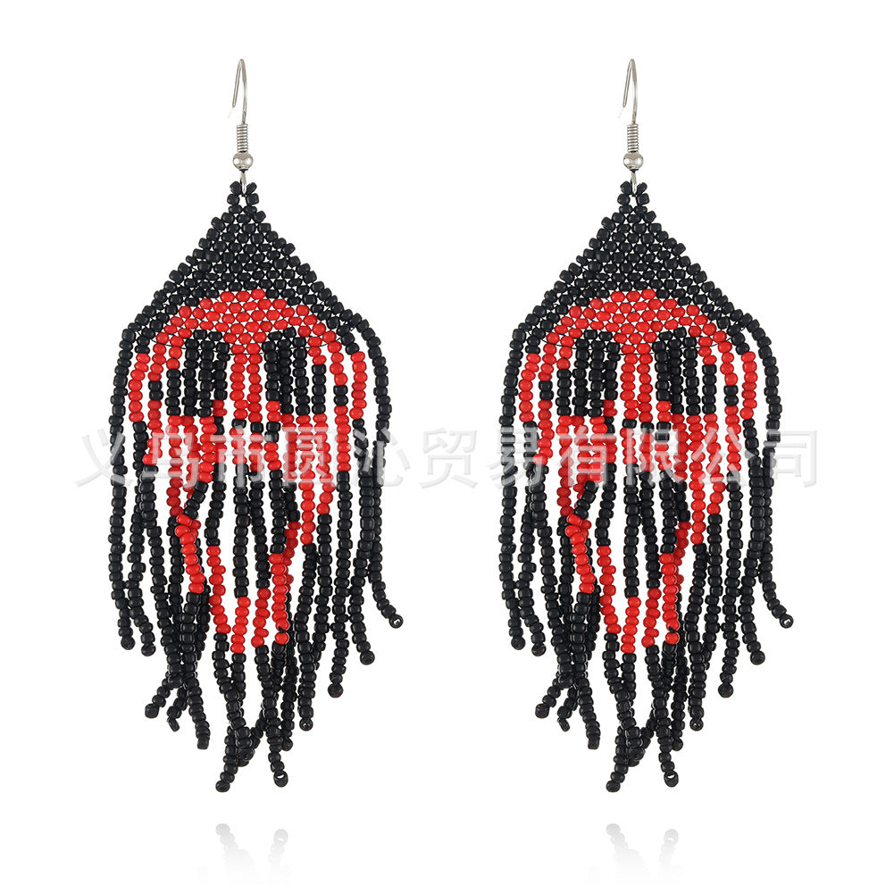Wholesale Halloween Hand-woven Skull Pumpkin Tassel Rice Bead Earrings