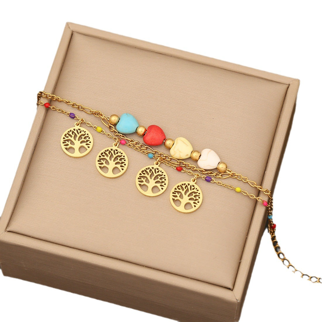 Wholesale Tree of Life Heart Turquoise Color Drip Oil Stainless Steel Bracelet