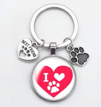 卸売愛猫ペットの足跡犬ガラス凸ラウンド金属キーホルダー