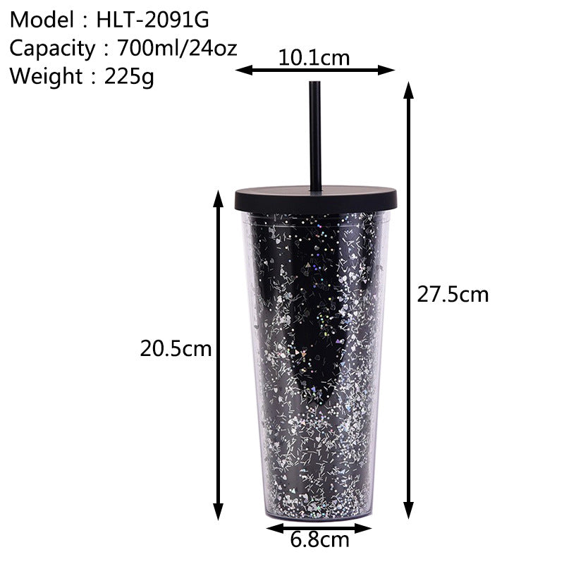 Wholesale  24OZ Double Layer Plastic Cup Sequins Glitter Creative Water Cup with Straw