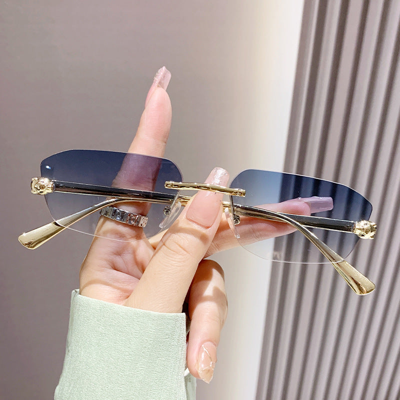 Wholesale Metal trimmed frameless polygonal cheetah decorative sunglasses