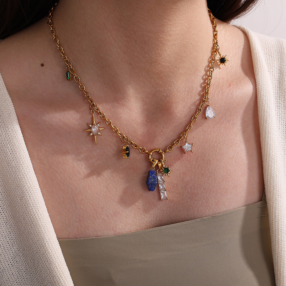 Wholesale Stainless steel 18K gold-plated geometric colorful gemstone rectangular star pendant necklace
