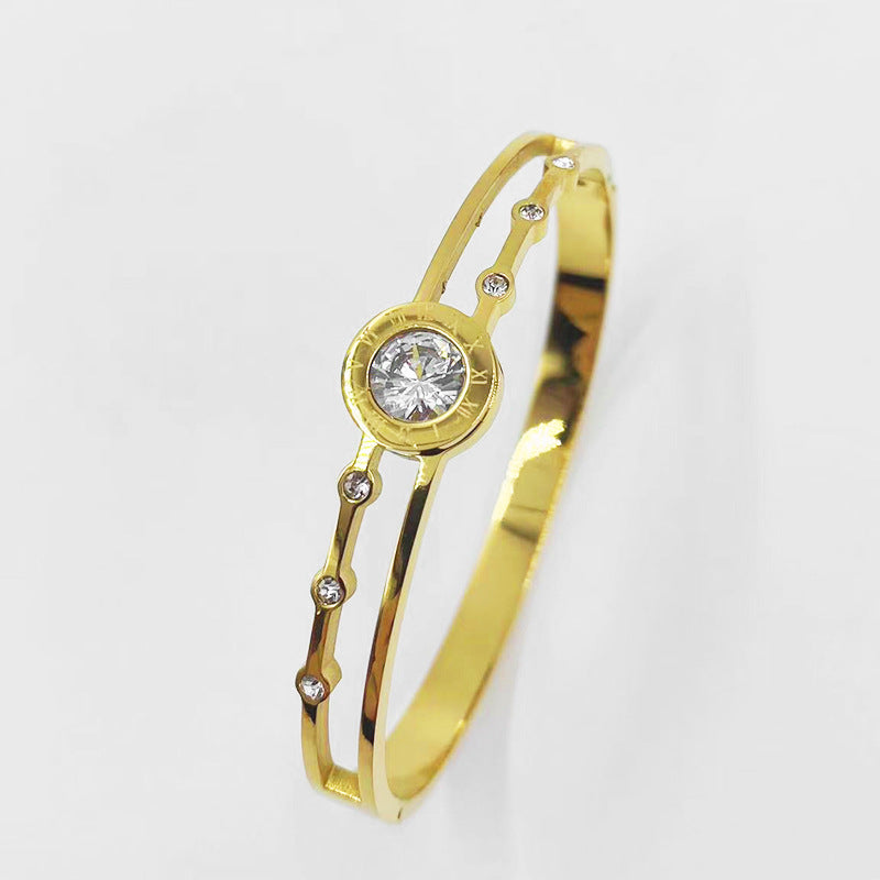 Wholesale Rose Gold Titanium Steel Double Hollow Roman Numeral Single Diamond Bracelet