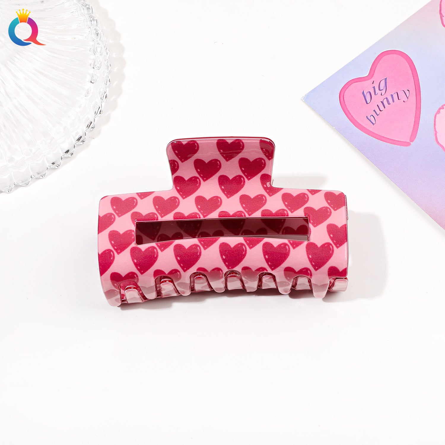 Wholesale Qiyue Valentine's Day headband pink love hairpin fabric wide-brimmed grip shark clip