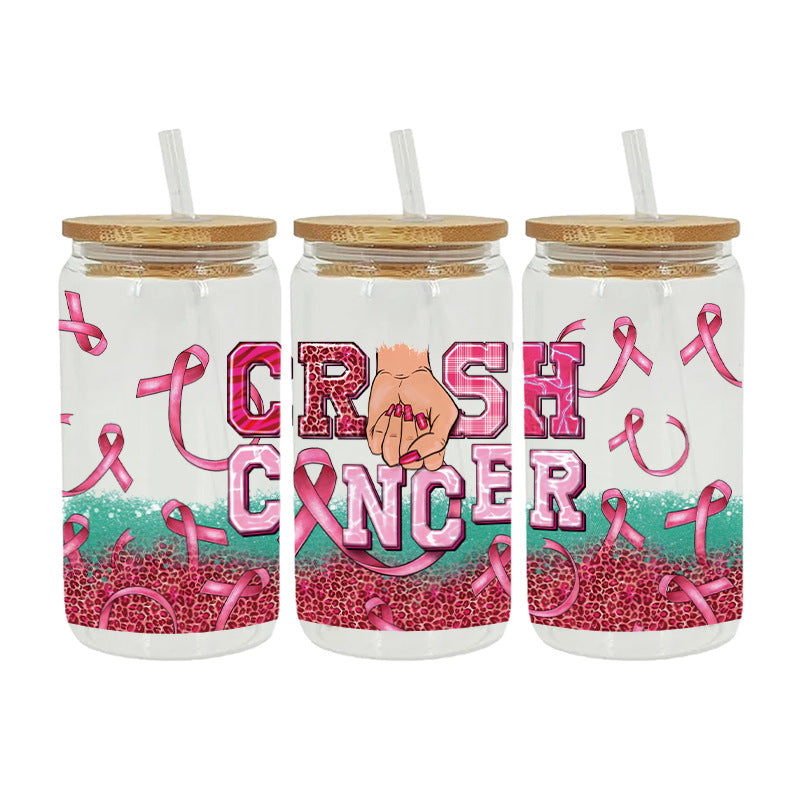 Wholesale Pink Cartoon Cute Anti-Cancer Theme 16oz Cup UV DTF Wraps