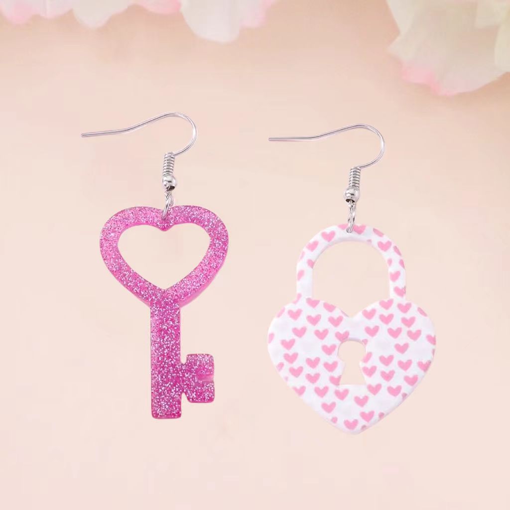 Wholesale  Valentine' s Day Acrylic  Heart-shaped Key Lock Buckle Earrings