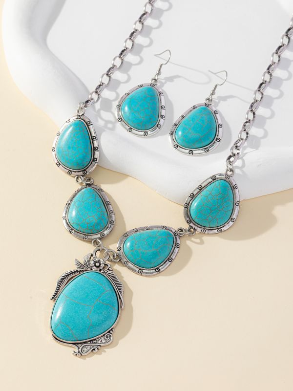 Wholesale Western style exaggerated retro alien earrings turquoise earrings necklace