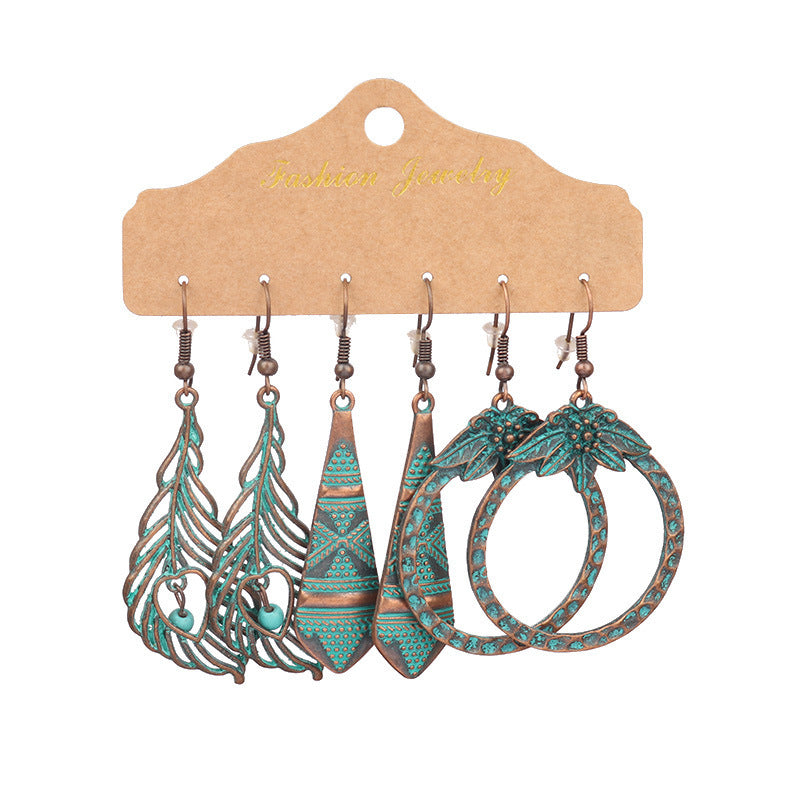 Wholesale Vintage Distressed Geometric Tassel Flower Earrings Set