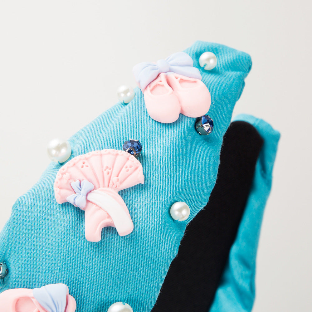 Wholesale Girls Pink Dress Accessories Hand-sewn Gem Pearl Headband