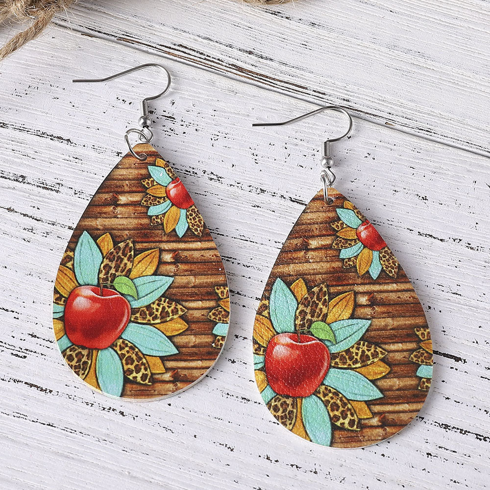 Wholesale Teacher Apple Leopard Leather Drop Earrings
