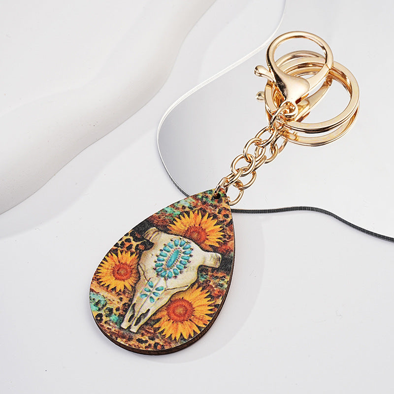 Wholesale Metal Western Bull Head Sunflower Keychain