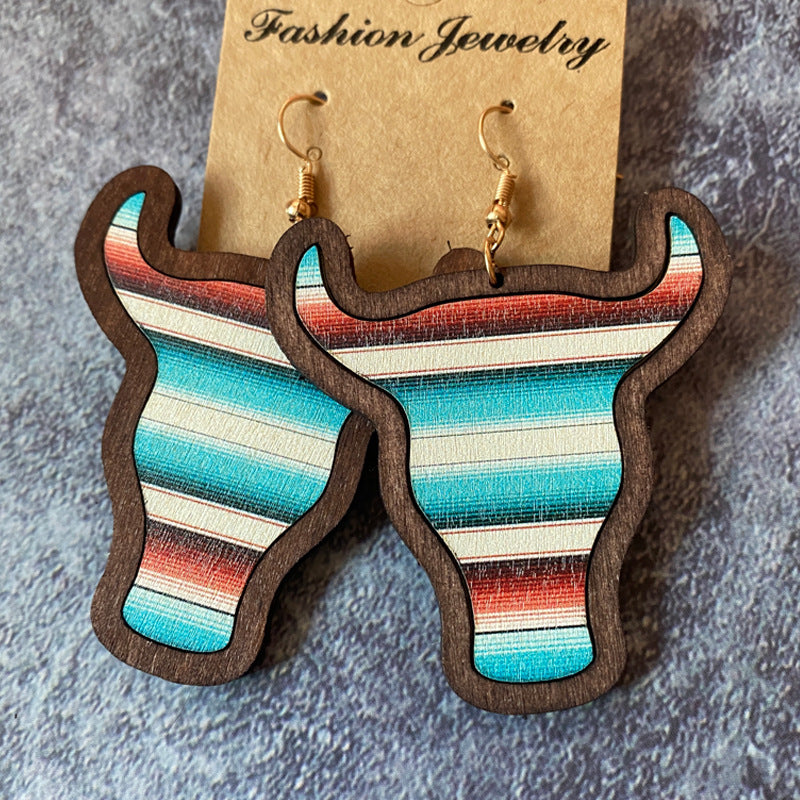 Wholesale Western Bull Head Inlaid Vintage Wood Earrings