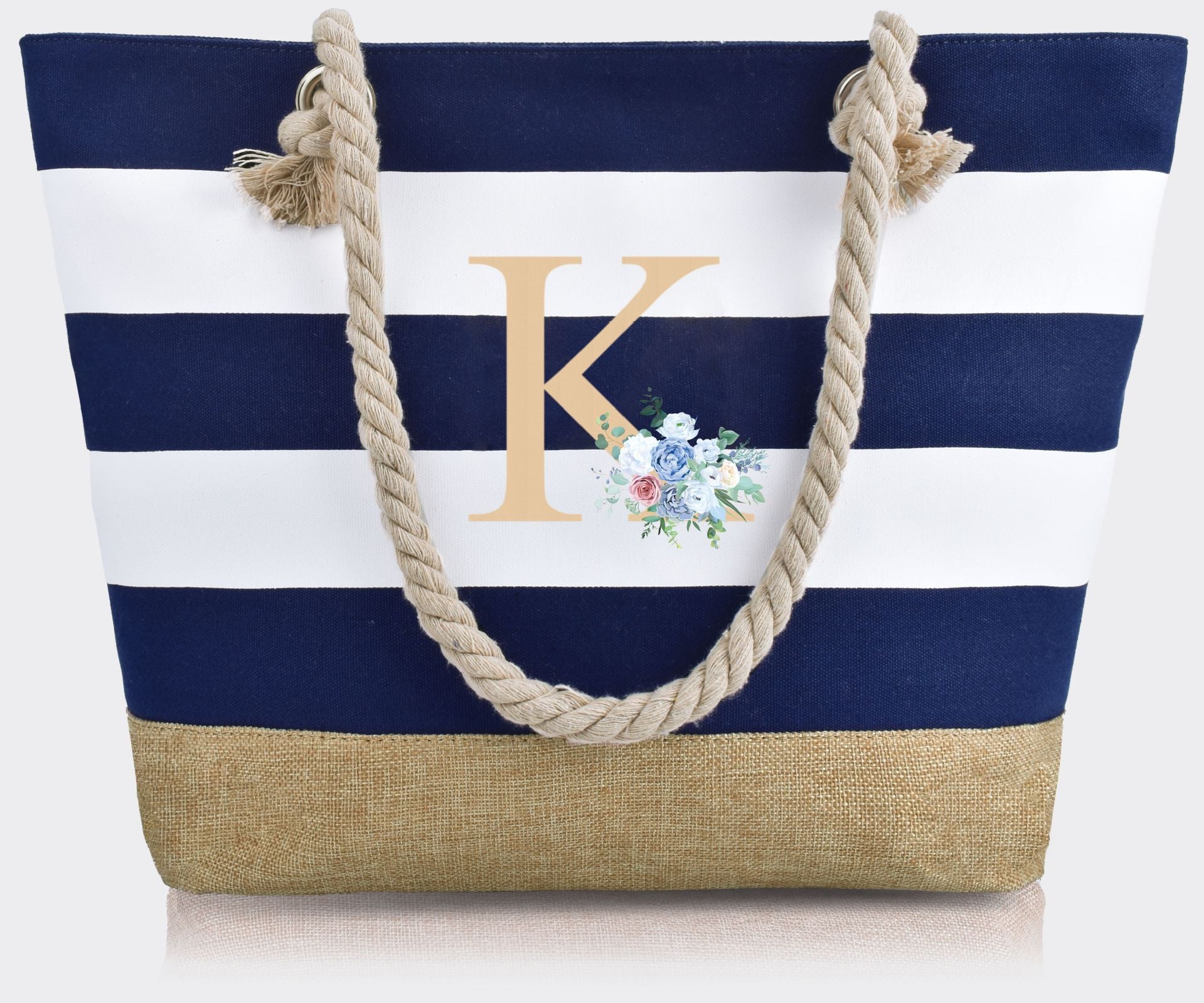 Wholesale Letter Canvas Striped Beach Handbag Zipper Multi-pocket Tote Bag