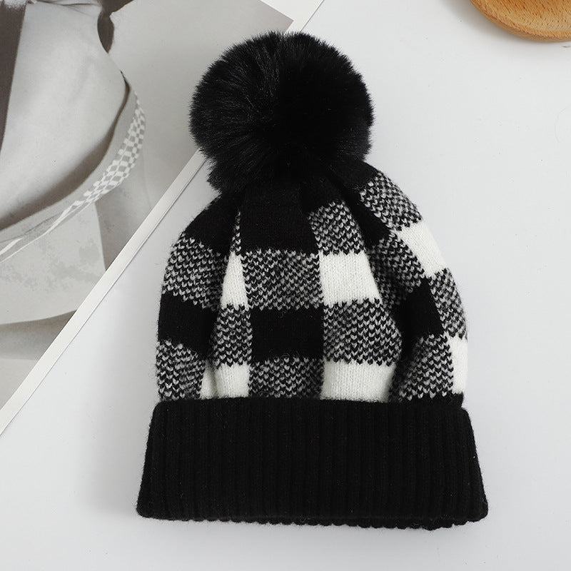 Wholesale Cold-proof Black and Red Plaid Knitted Hat with Ear Protection Wool Ball Beanie