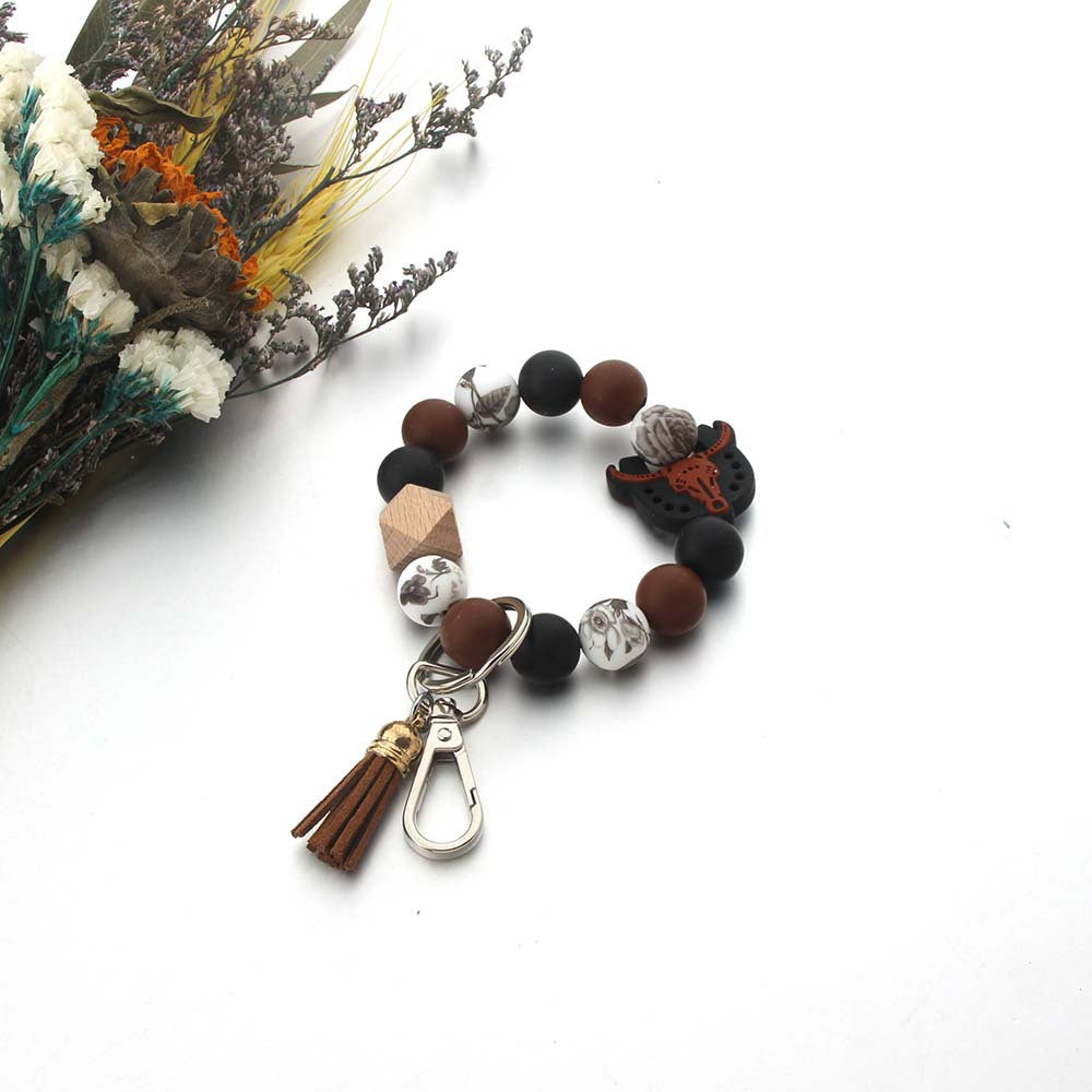 Wholesale Cartoon Bull Head Cow Silicone Beads Wooden Beads Wrist Keychain