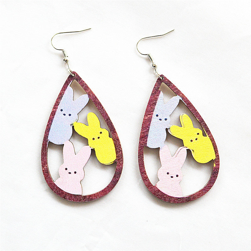 Wholesale Water droplet hollow leopard print Easter wooden earrings