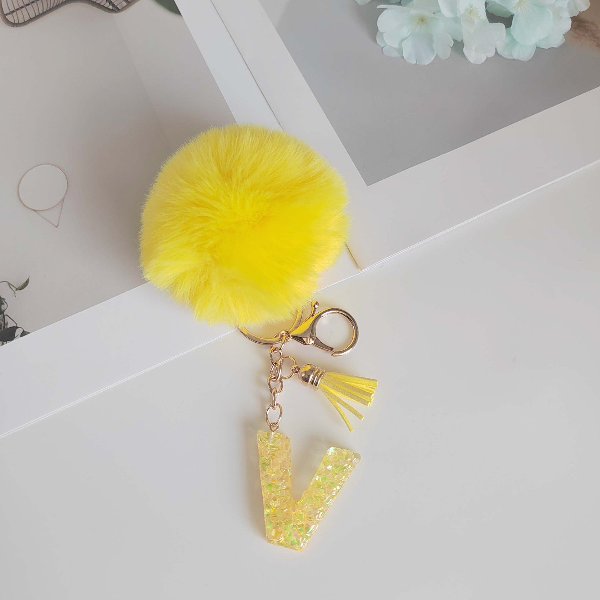 Wholesale Yellow letter ball pendant flower shaped letter keychain