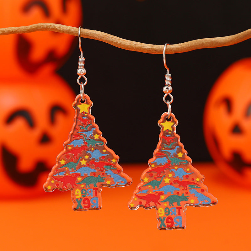 Wholesale Christmas Tree Bells Small Dinosaur Walking Stick Double Sided Earrings