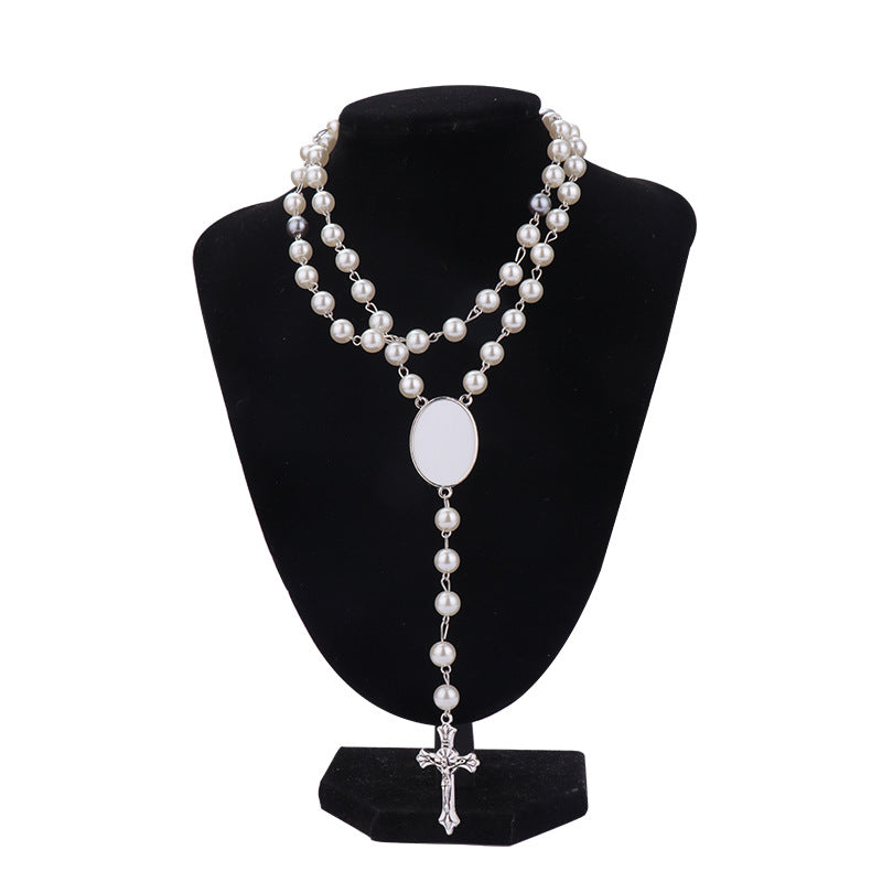 Wholesale Heat transfer rosary beads cross metal necklace