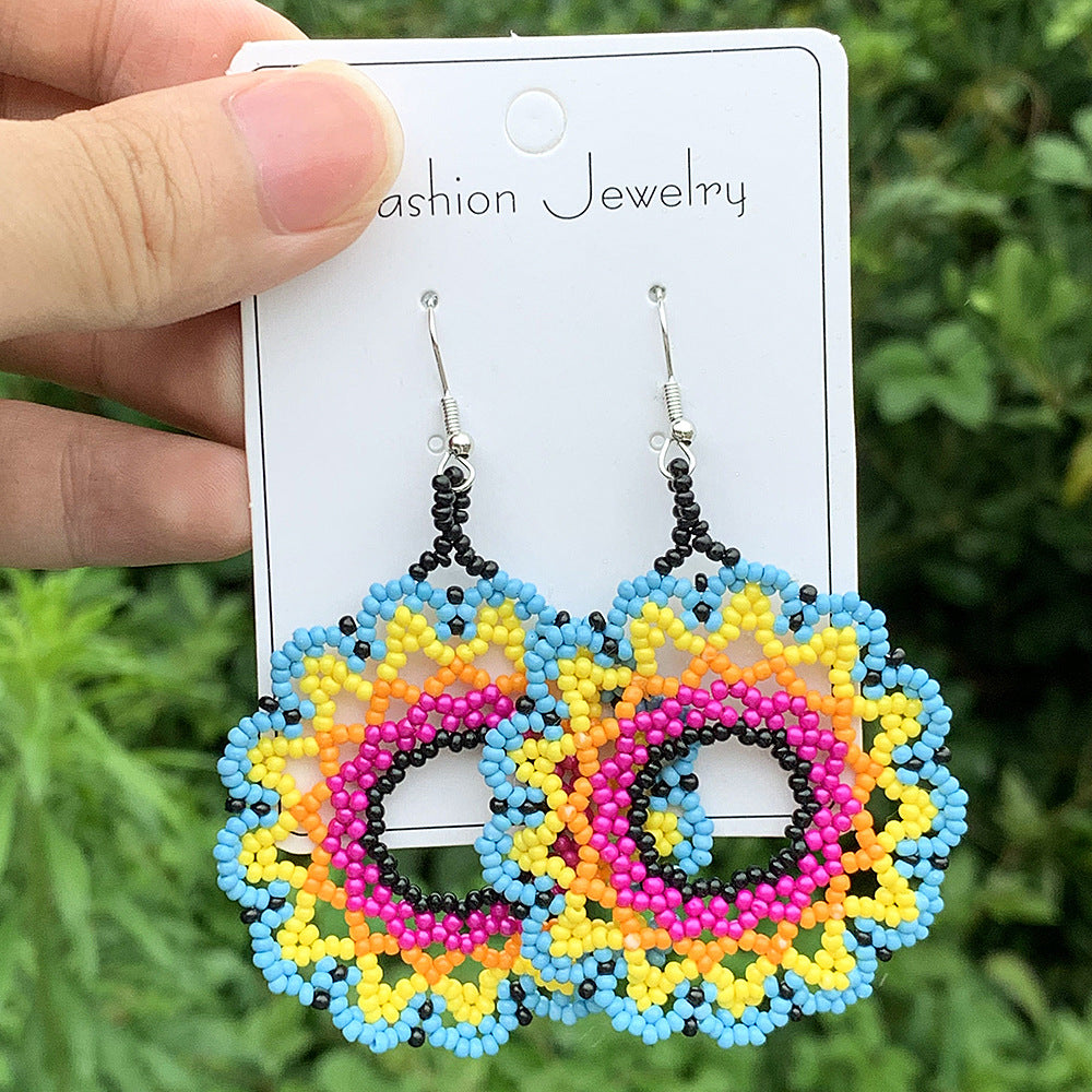 Wholesale Bohemian Exaggerated Flowers Hand-woven Round Earrings