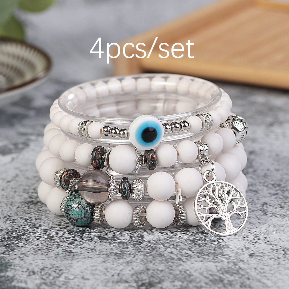 Wholesale Life Tree Demon Eye Multi Layered Pendant Glass Elastic Bracelet