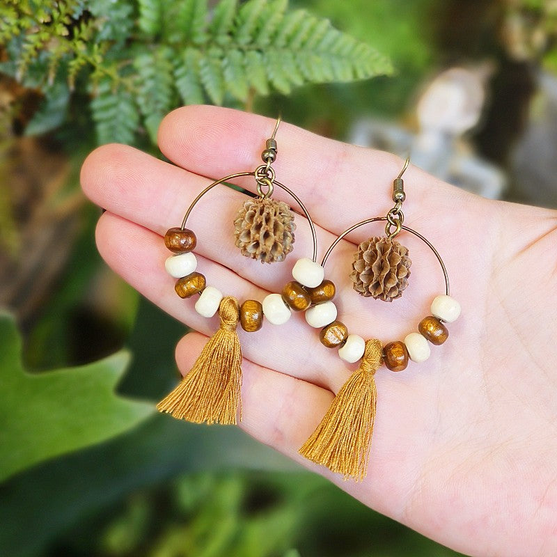 Wholesale Retro Real Fruit Exaggerated Large Hoop Hanging Wooden Beads Earrings