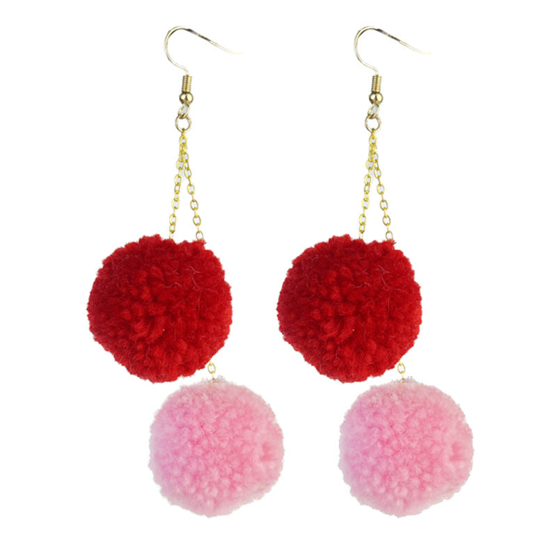 Wholesale 2pcs Valentine's Day Wool Ball Pink Chain Ball Color Matching Cute Autumn and Winter Earrings