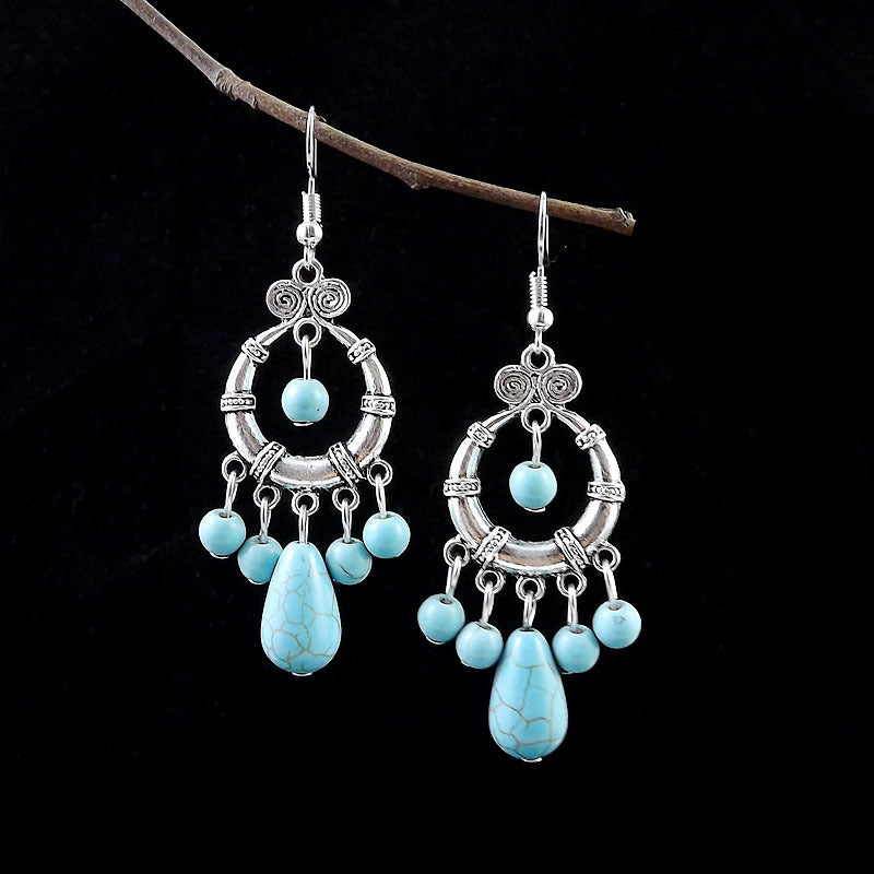 Wholesale Tibetan Nepal Ethnic Minority Vintage Miao Silver Turquoise Earrings