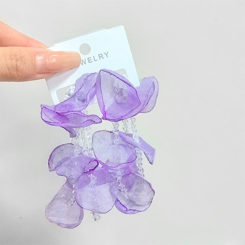 Wholesale Fabric flower super fairy handmade beaded fairy small fresh flower silver needle earrings