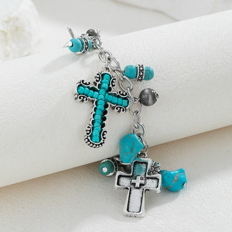 Wholesale Turquoise Antique Cross Bead Carving Silver Turquoise Vintage Style Irregular Fashion Bracelet