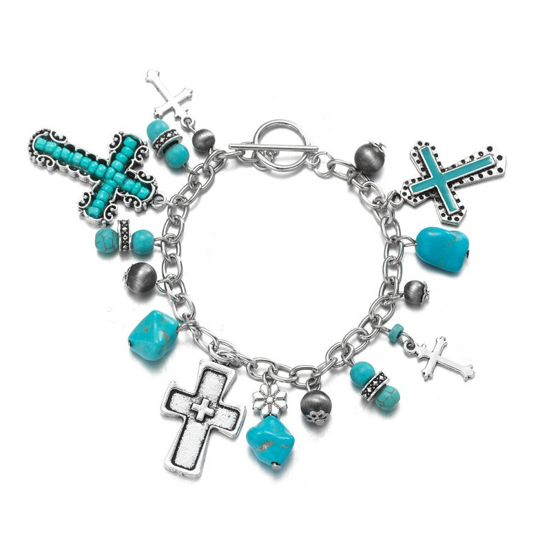 Wholesale Turquoise Antique Cross Bead Carving Silver Turquoise Vintage Style Irregular Fashion Bracelet
