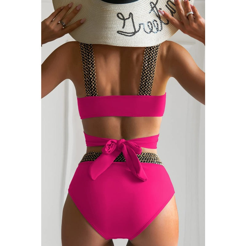 Wholesale Polyester Cross High Waisted Swimsuits with Belly Covering and Gold Wire Elastic Band Swimsuits