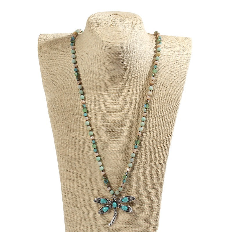 Wholesale Alloy Natural Stone 6mm Glass Antique Silver Dragonfly Pendant Sweater Necklace