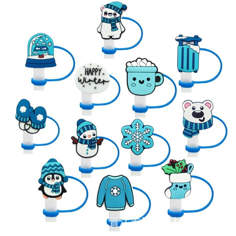 Wholesale 10pcs Cartoon Winter Snowman 8/10MM Milk Tea PVC Dustproof Straw Cover