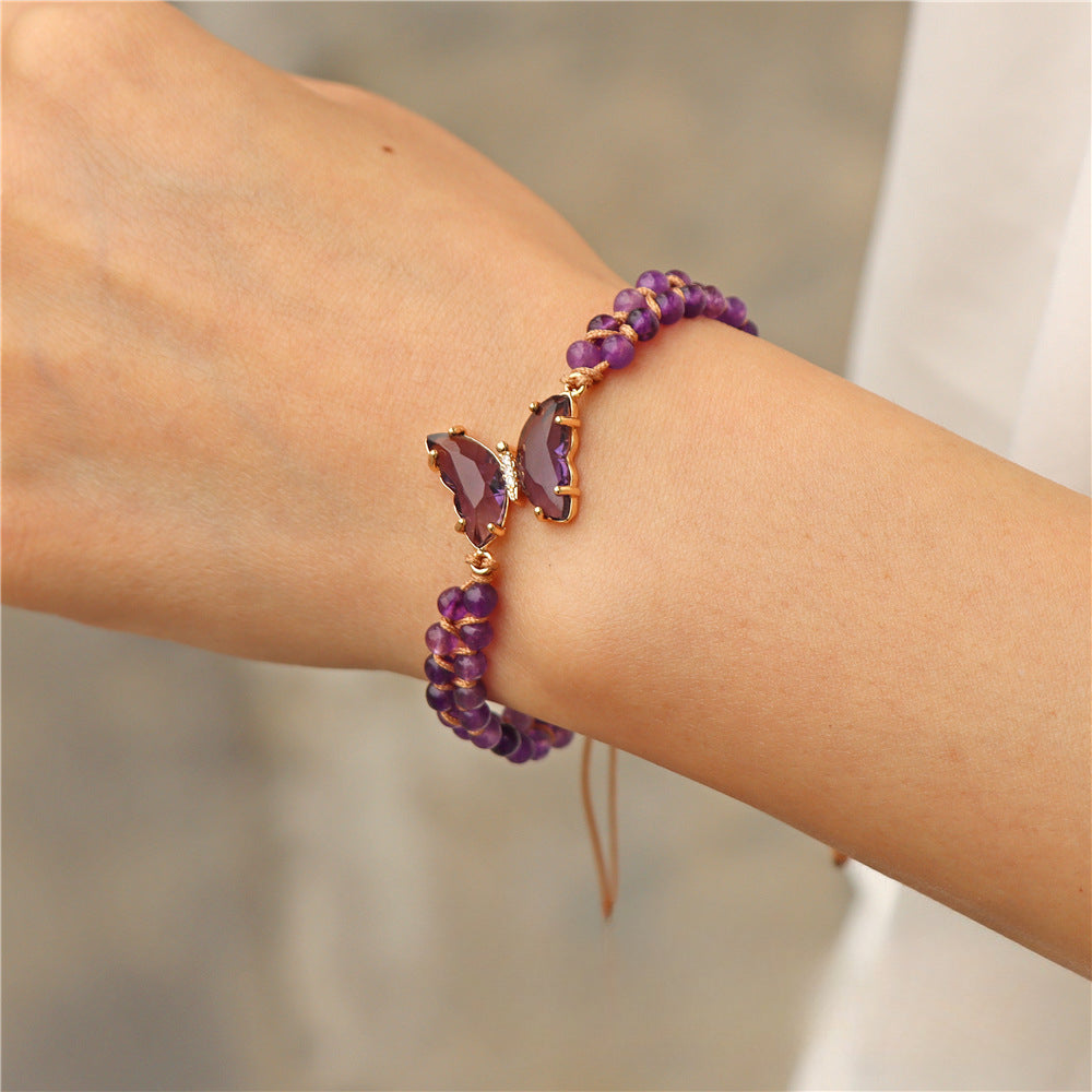 Wholesale Natural Stone Pure Handwoven Amethyst Butterfly Bracelet