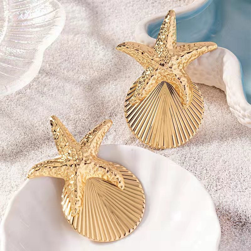 Wholesale Golden Beach Sea Star Shell Scallop Exaggerated Earrings