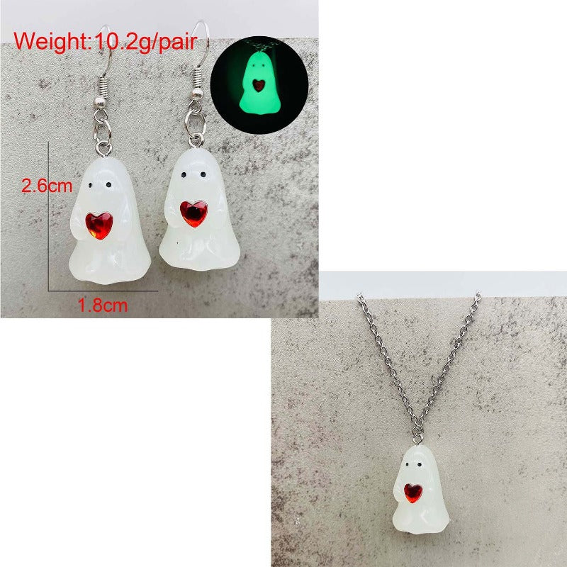 Wholesale Stereo Resin Glow-in-the-dark Ghost Halloween Wishing Bottle Earrings and Necklaces Set