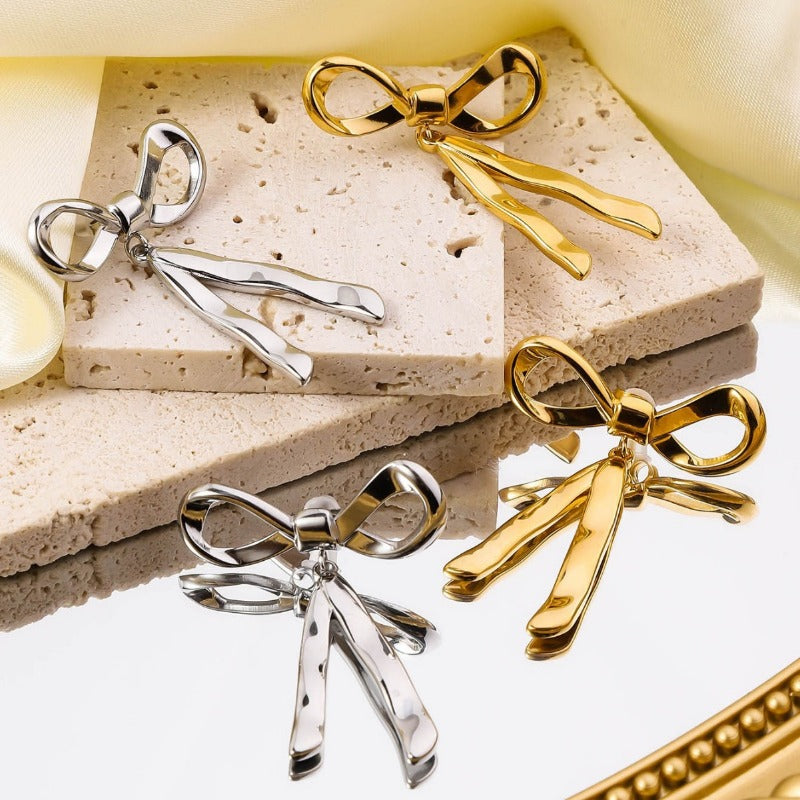 Wholesale Retro Mirror Three-dimensional Butterfly Bow Stainless Steel 18k Real Gold Titanium Steel Earrings