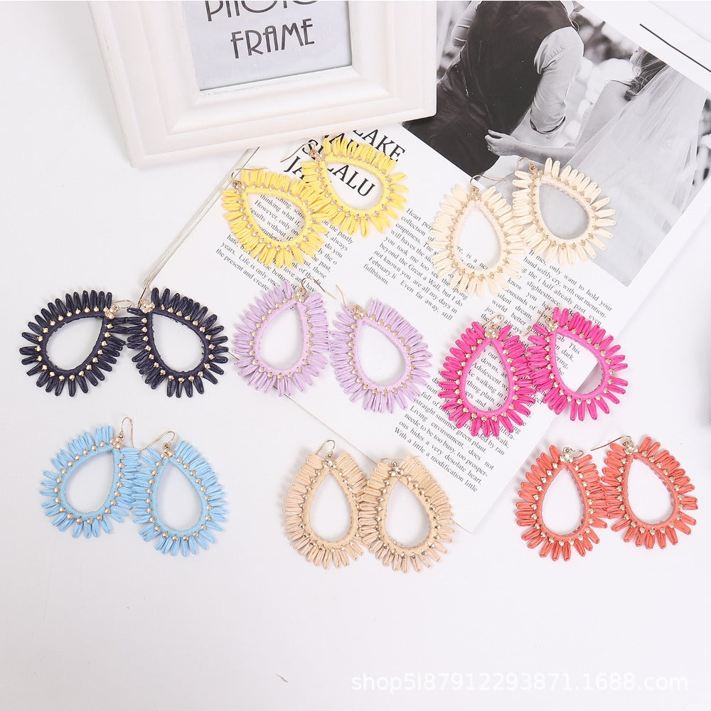 Wholesale Bohemian Hand Woven Geometric Raffia Vintage Earrings