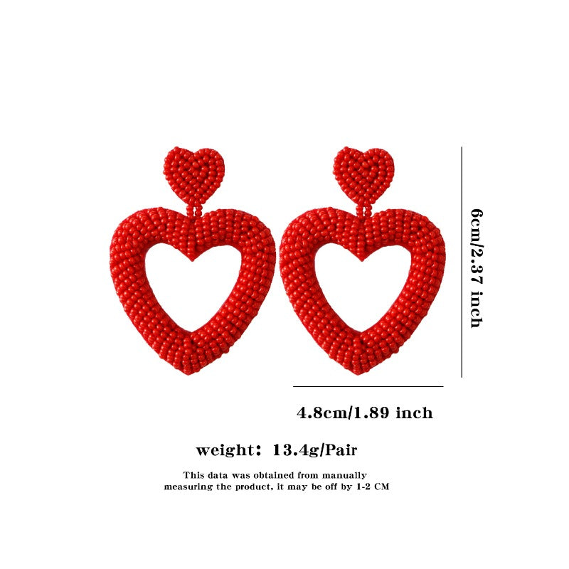 Wholesale Valentine's Day Love Handmade Romantic Heart Shaped High Quality Rice Bead Red Earrings