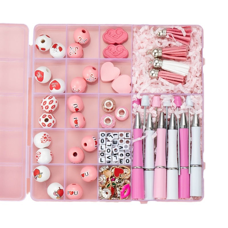 wholesale beadable pens 17 Grid Valentine's Day DIY Box Wooden Bead Letter Bead Tassel Handmade Bead Pen