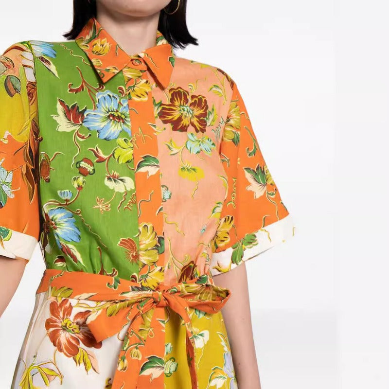 Wholesale Cotton Linen Flower Printing Lace Up Women Clothes