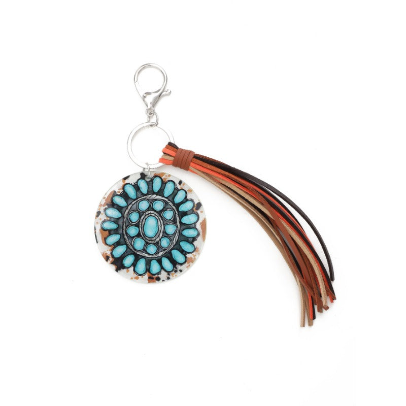 Wholesale Round Acrylic Cactus Sunflower Bull Head Print Tassel Keychain